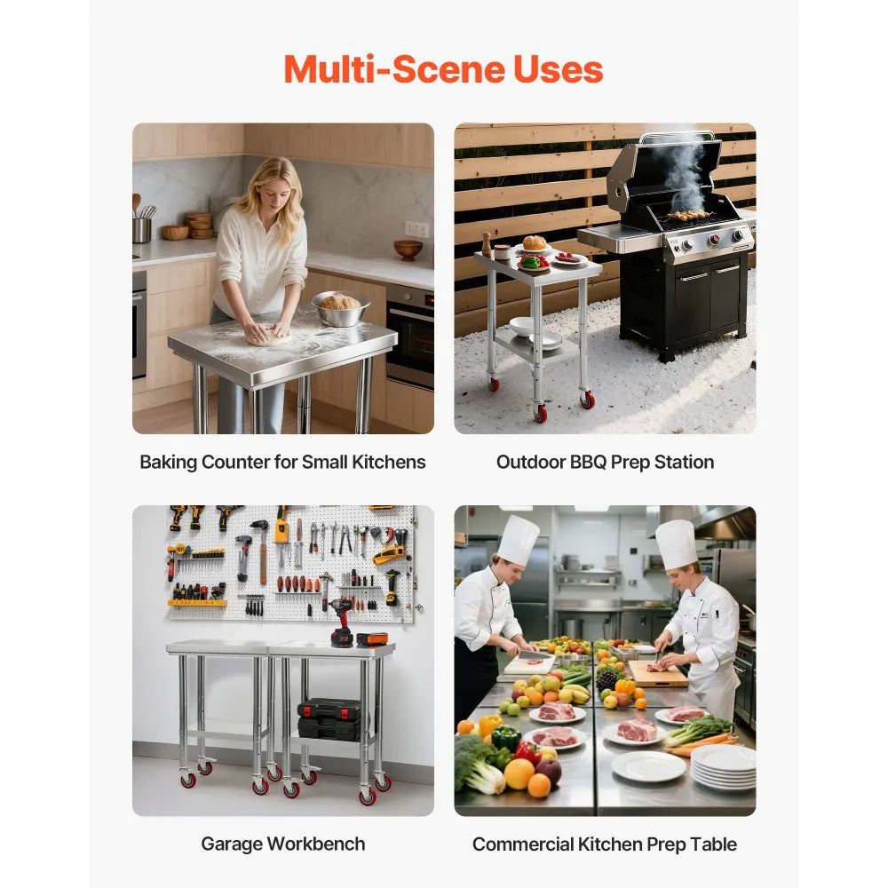 VEVOR Stainless Steel Table, 24 x 18 Inches Food Prep Worktable with Wheels, Kitchen Prep Table with Adjustable Undershelf Workstations for Commercial Kitchen, Restaurant, Hotel and Garage, Outdoor