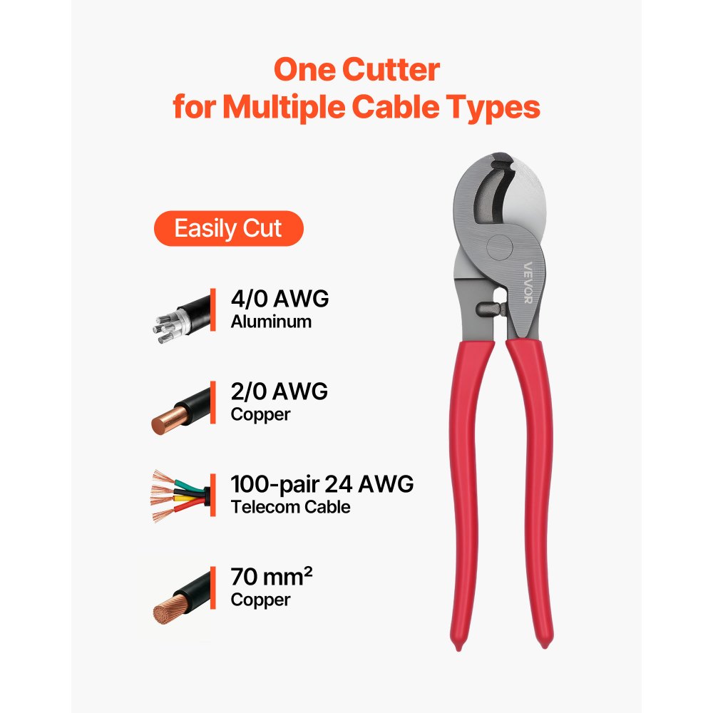 VEVOR High Leverage Cable Cutter, 9-1/4 in Compact, Forged Blades and PVC-Coated Handles, Heavy Duty Cable Cutting Pliers Tool for 4/0 AWG Aluminum, 2/0 AWG Soft Copper and 100-Pair 24AWG Comm Cables