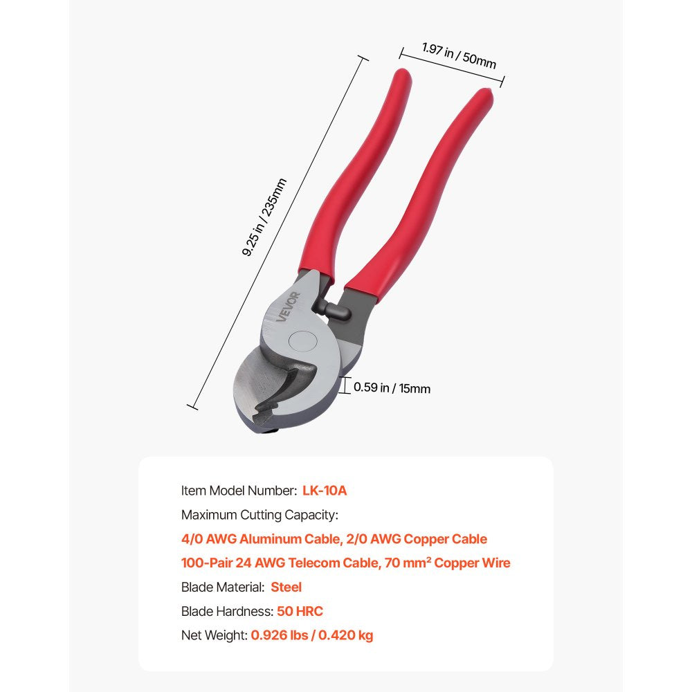 VEVOR High Leverage Cable Cutter, 9-1/4 in Compact, Forged Blades and PVC-Coated Handles, Heavy Duty Cable Cutting Pliers Tool for 4/0 AWG Aluminum, 2/0 AWG Soft Copper and 100-Pair 24AWG Comm Cables