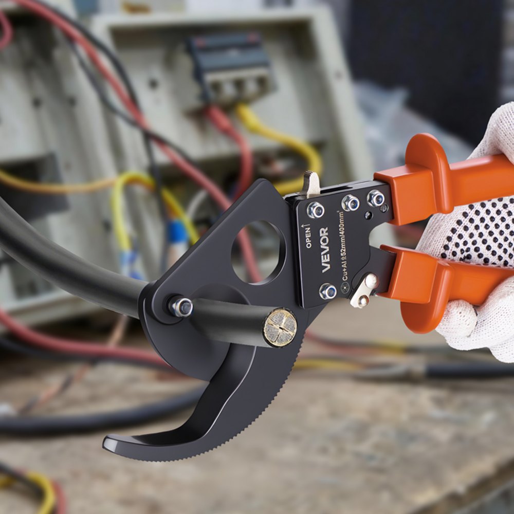 VEVOR Ratcheting Cable Cutter, Spring Steel Blades with PVC-Coated Handles, Quick-Release Button, Heavy Duty Ratchet Cable Wire Cutter for Cutting Copper & Aluminum Cables Up to 800 MCM / 400 mm²