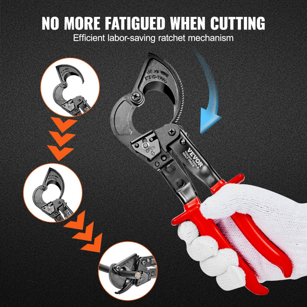 VEVOR Ratcheting Cable Cutter, 10" Wire Cutter Heavy Duty with Gloves, Strong Silicon-Manganese Spring Steel Blade-for Cutting Up to  240 mm² /473 MCM  Electrical Wire