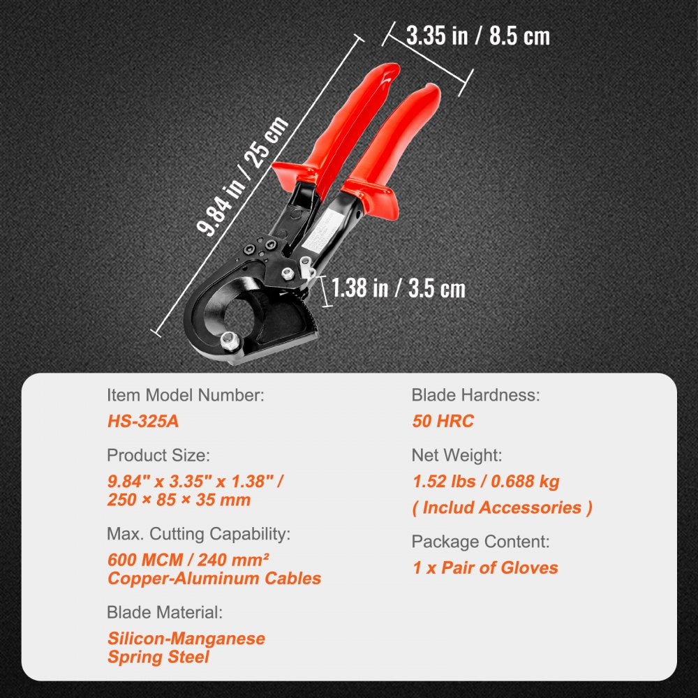 VEVOR Ratcheting Cable Cutter, 10" Wire Cutter Heavy Duty with Gloves, Strong Silicon-Manganese Spring Steel Blade-for Cutting Up to  240 mm² /473 MCM  Electrical Wire