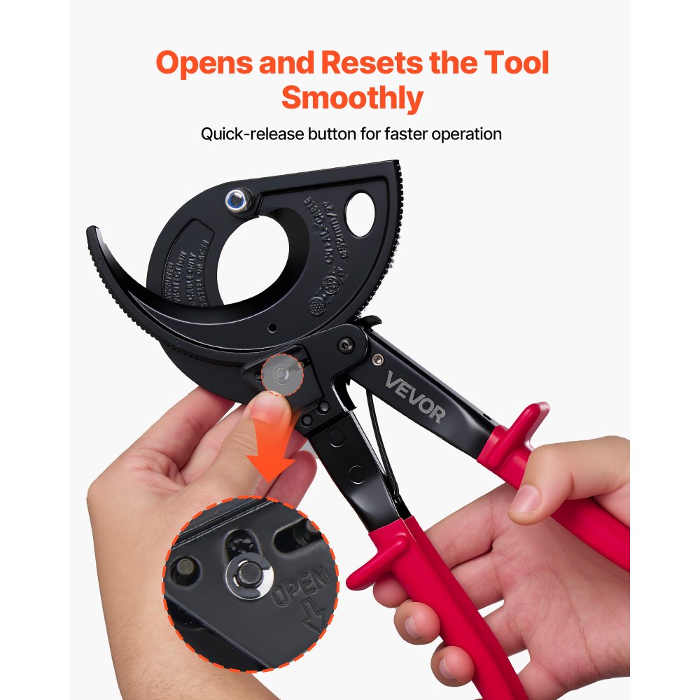 VEVOR Ratcheting Cable Cutter, Spring Steel Blades with Insulated Handles, Quick-Release Button, Heavy Duty Ratchet Cable Wire Cutter for Cutting Copper & Aluminum Cables Up to 800 MCM / 400 mm²