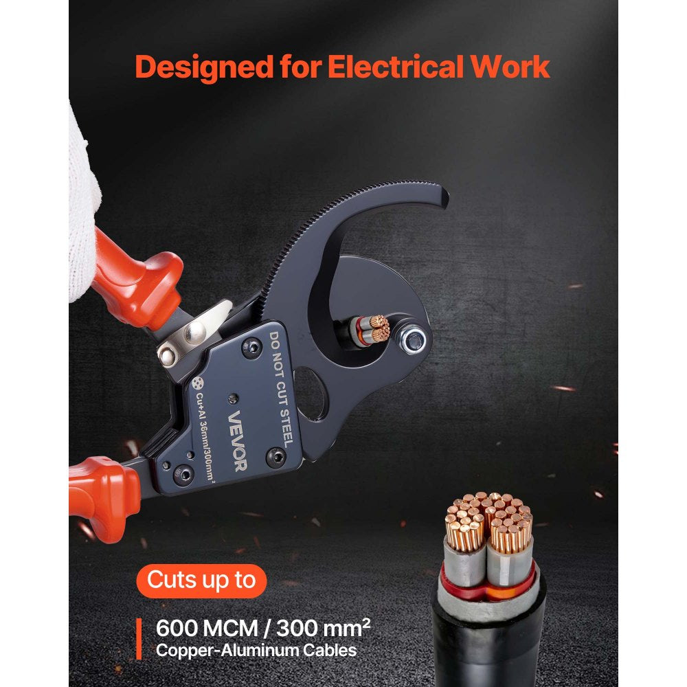 VEVOR Ratcheting Cable Cutter, Spring Steel Blades with PVC-Coated Handles, Quick-Release Button, Heavy Duty Ratchet Cable Wire Cutter for Cutting Copper & Aluminum Cables Up to 600 MCM / 300 mm²