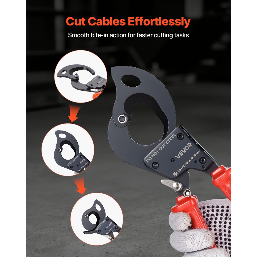 VEVOR Ratcheting Cable Cutter, Spring Steel Blades with PVC-Coated Handles, Quick-Release Button, Heavy Duty Ratchet Cable Wire Cutter for Cutting Copper & Aluminum Cables Up to 600 MCM / 300 mm²