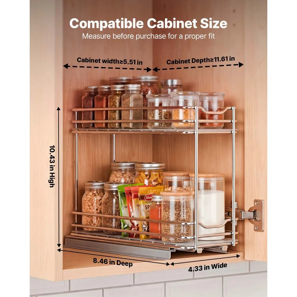 VEVOR Pull Out Spice Rack Organizer for Cabinet, 2 Tier Slide Out Spice Rack Organizer, Heavy Duty Metal Seasoning Kitchen Basket for Inside Cabinets & Pantry Closet, 4.33"W x 8.46"D x 10.43"H, Silver