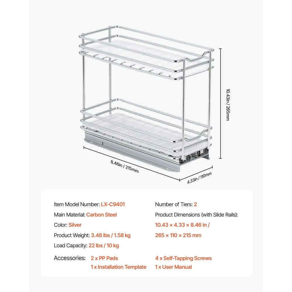 VEVOR Pull Out Spice Rack Organizer for Cabinet, 2 Tier Slide Out Spice Rack Organizer, Heavy Duty Metal Seasoning Kitchen Basket for Inside Cabinets & Pantry Closet, 4.33"W x 8.46"D x 10.43"H, Silver