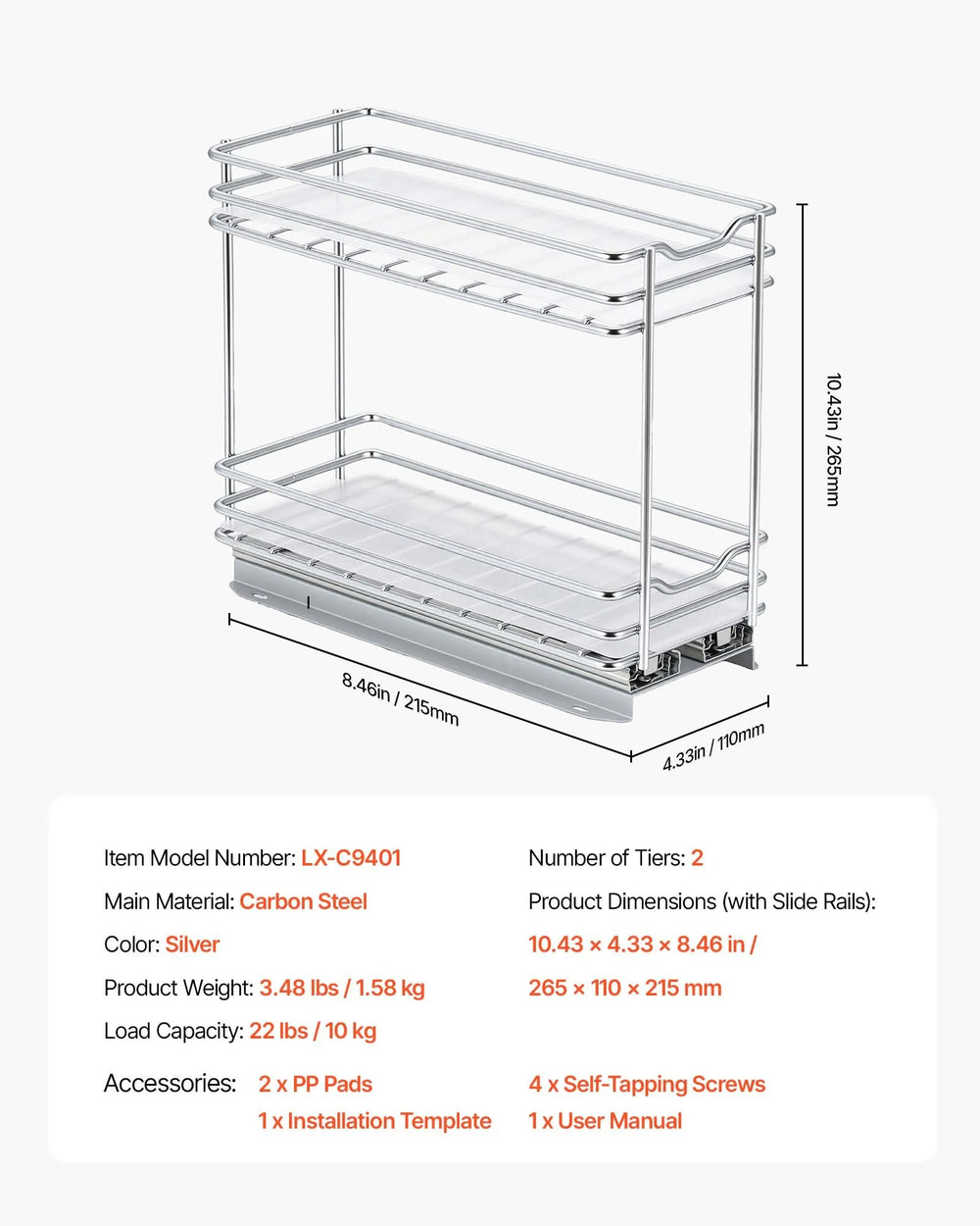 VEVOR Pull Out Spice Rack Organizer for Cabinet, 2 Tier Slide Out Spice Rack Organizer, Heavy Duty Metal Seasoning Kitchen Basket for Inside Cabinets & Pantry Closet, 4.33"W x 8.46"D x 10.43"H, Silver
