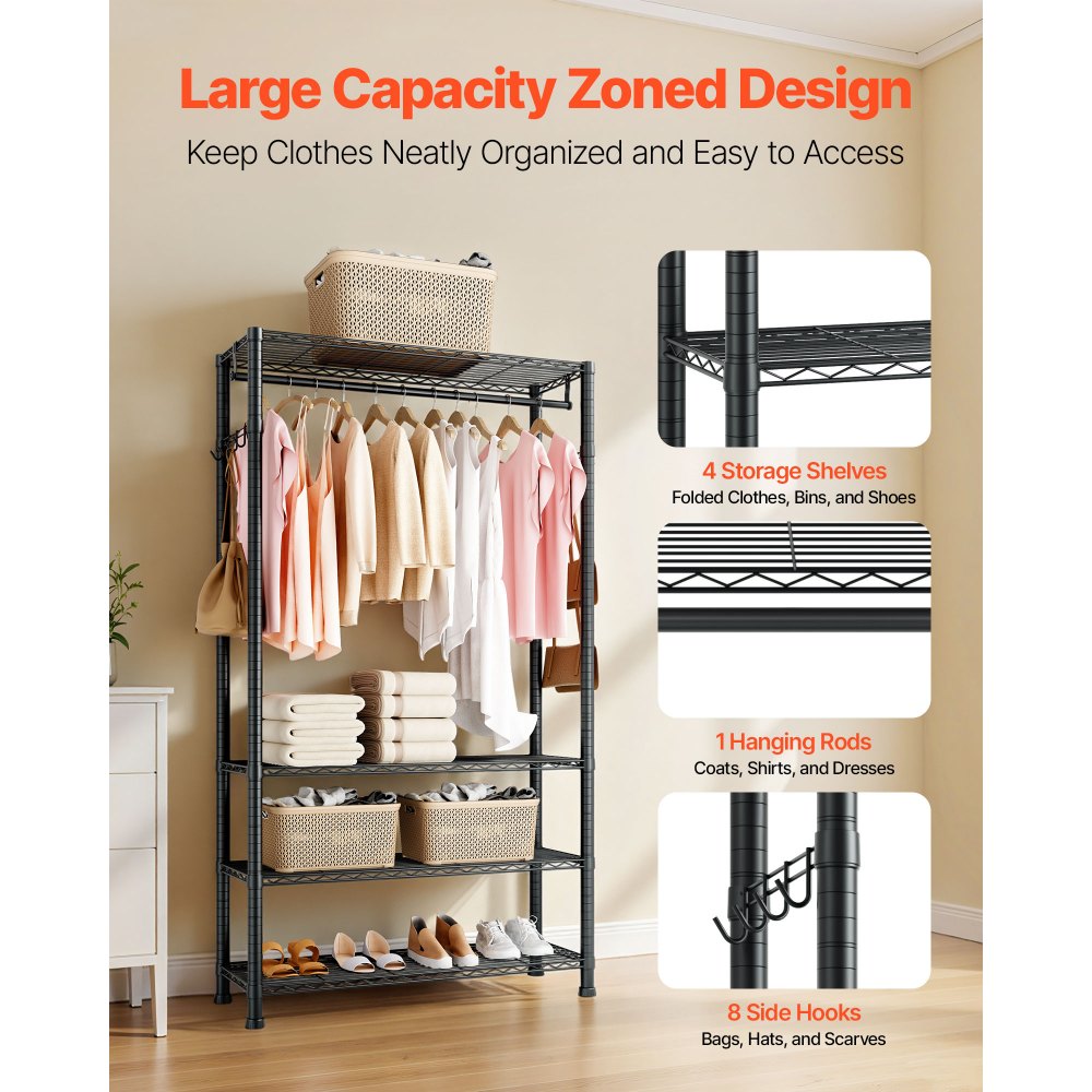 VEVOR Clothing Garment Rack, Heavy Duty Clothing Garment Rack, 4 Adjustable Tiers Clothing Racks with Carbon Steel, 500 lbs Load Capacity Closet Wardrobe for Bedroom, Clothing Store, Hallway