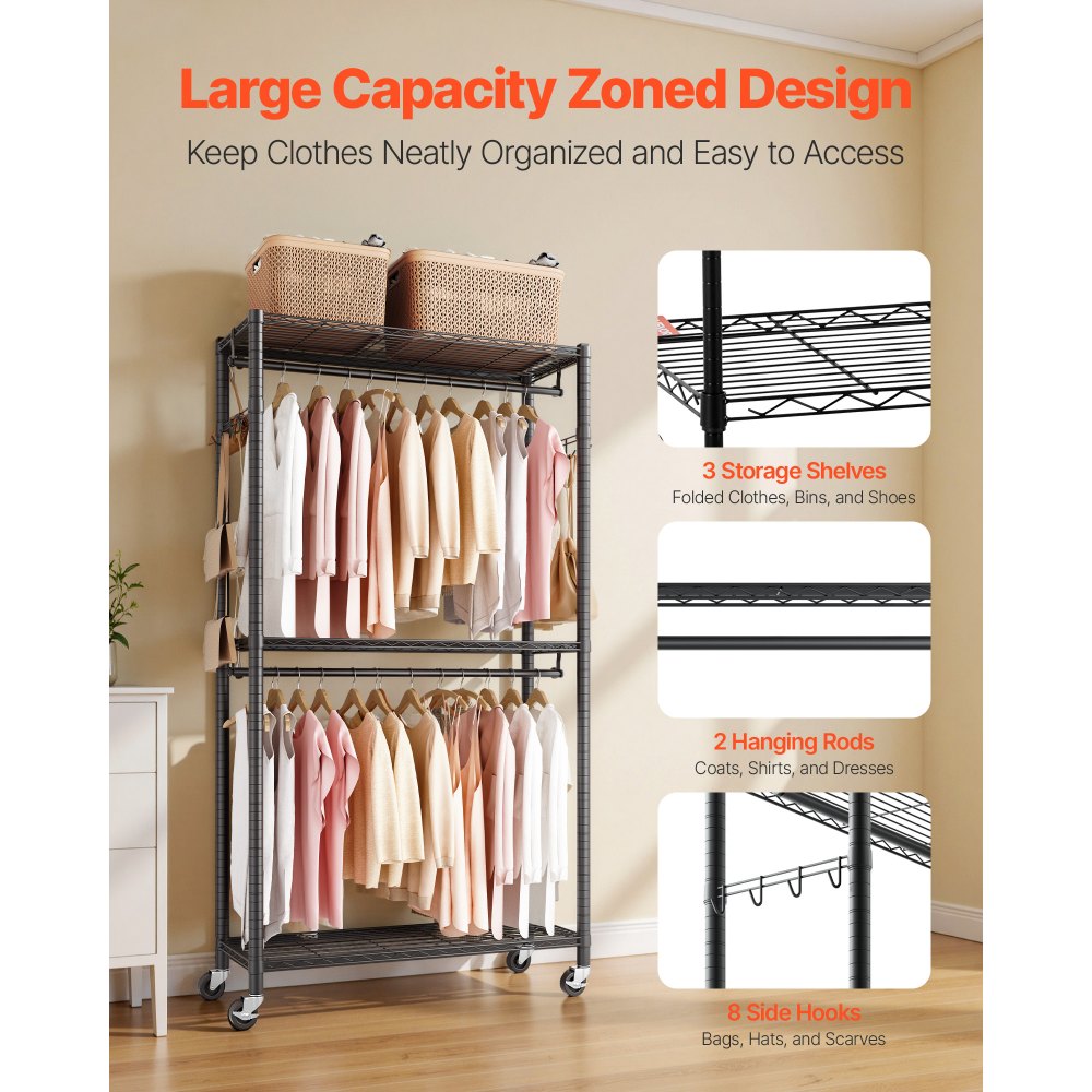 VEVOR Rolling Clothes Rack, Heavy Duty Clothing Garment Rack, 3 Adjustable Tiers Clothing Racks with Carbon Steel, 450 lbs Load Capacity Closet Wardrobe for Bedroom, Clothing Store, Hallway