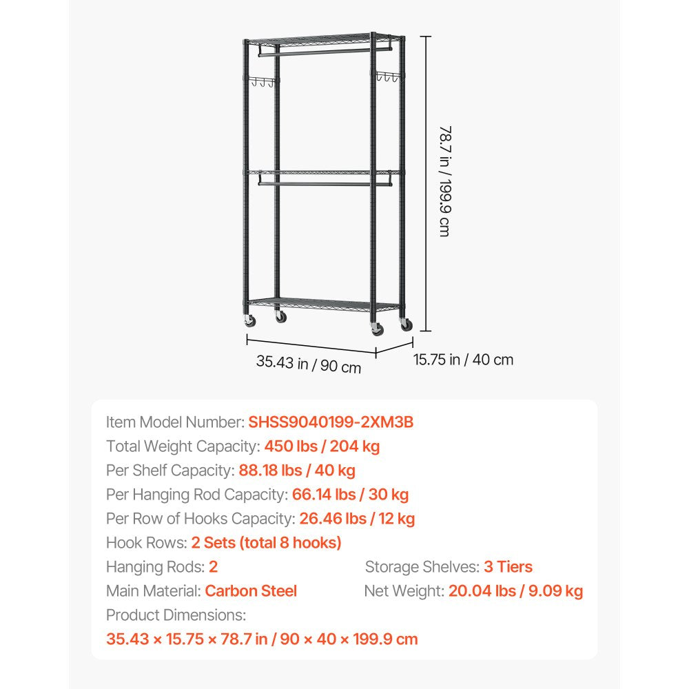 VEVOR Rolling Clothes Rack, Heavy Duty Clothing Garment Rack, 3 Adjustable Tiers Clothing Racks with Carbon Steel, 450 lbs Load Capacity Closet Wardrobe for Bedroom, Clothing Store, Hallway