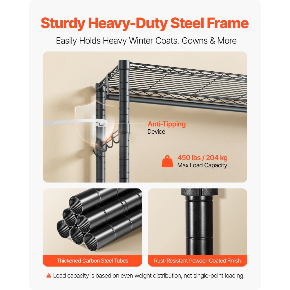 VEVOR Rolling Clothes Rack, Heavy Duty Clothing Garment Rack, 3 Adjustable Tiers Clothing Racks with Carbon Steel, 450 lbs Load Capacity Closet Wardrobe for Bedroom, Clothing Store, Hallway