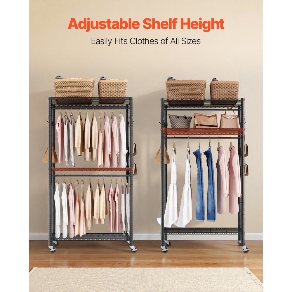 VEVOR Rolling Clothes Rack, Heavy Duty Clothing Garment Rack, 3 Adjustable Tiers Clothing Racks with Carbon Steel, 450 lbs Load Capacity Closet Wardrobe for Bedroom, Clothing Store, Hallway