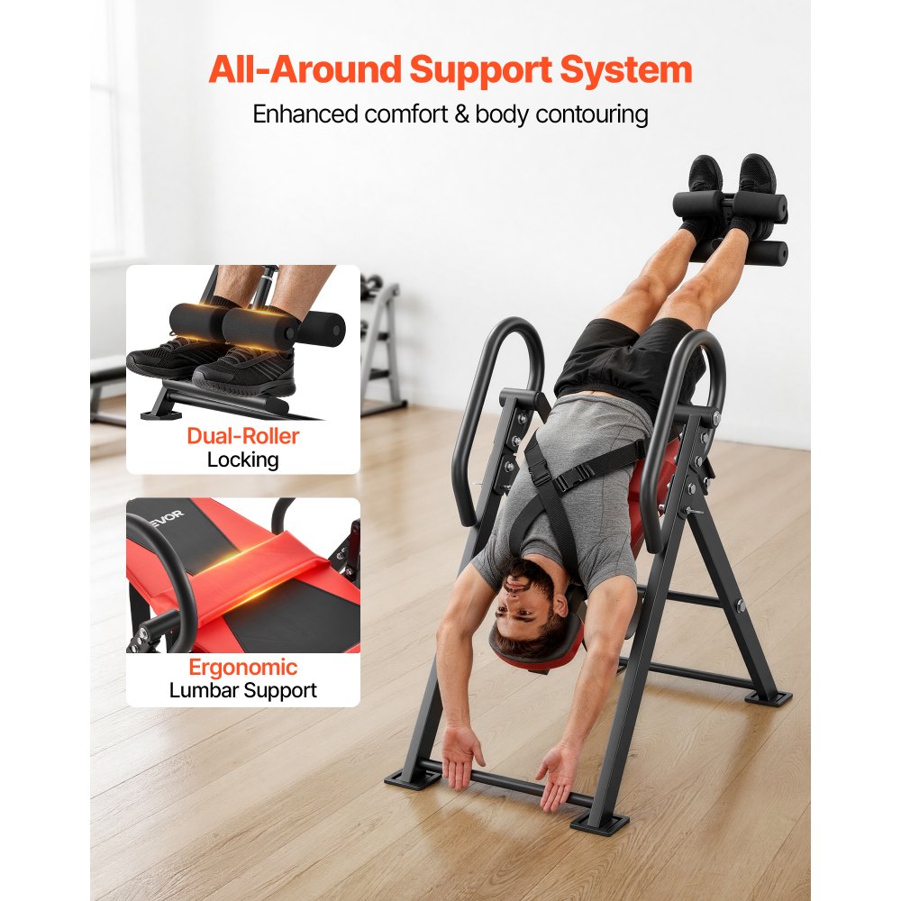 VEVOR Inversion Table, 300 lbs Capacity Heavy Duty Inverted Table, Back Inverter Stretcher with Dual-Roller Locking, Decompression Tables for Shoulders, Neck, Back, Multi-Angle Adjustable Tether Strap