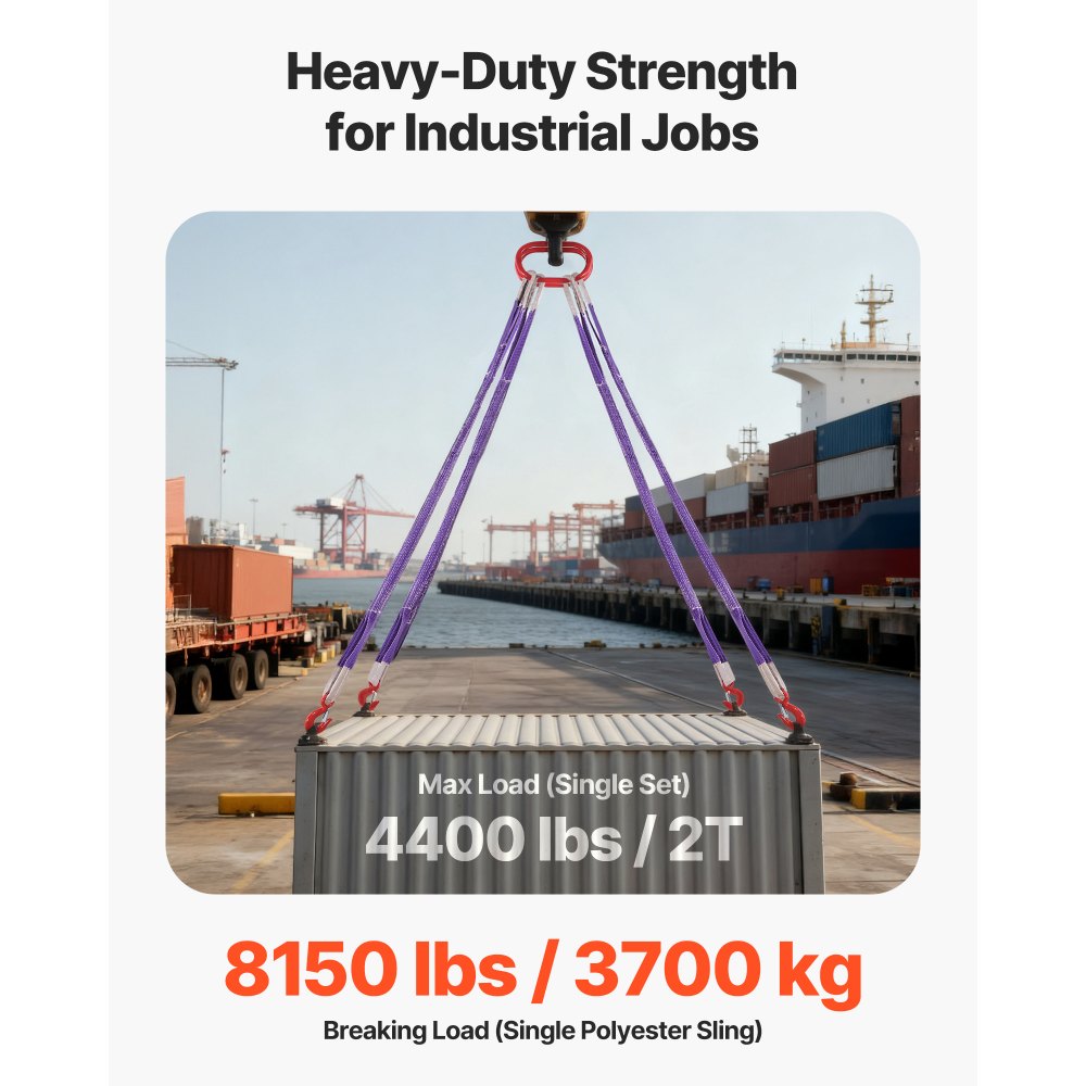 VEVOR Lifting Sling Straps, 2Pcs Two-Leg Polyester Bridle Sling with Hooks, 4400LB Capacity, 5Ft Heavy Duty Rigging Strap, Thickened & Wear-Resistant Webbing Slings for Engines Cranes Hoists Truck