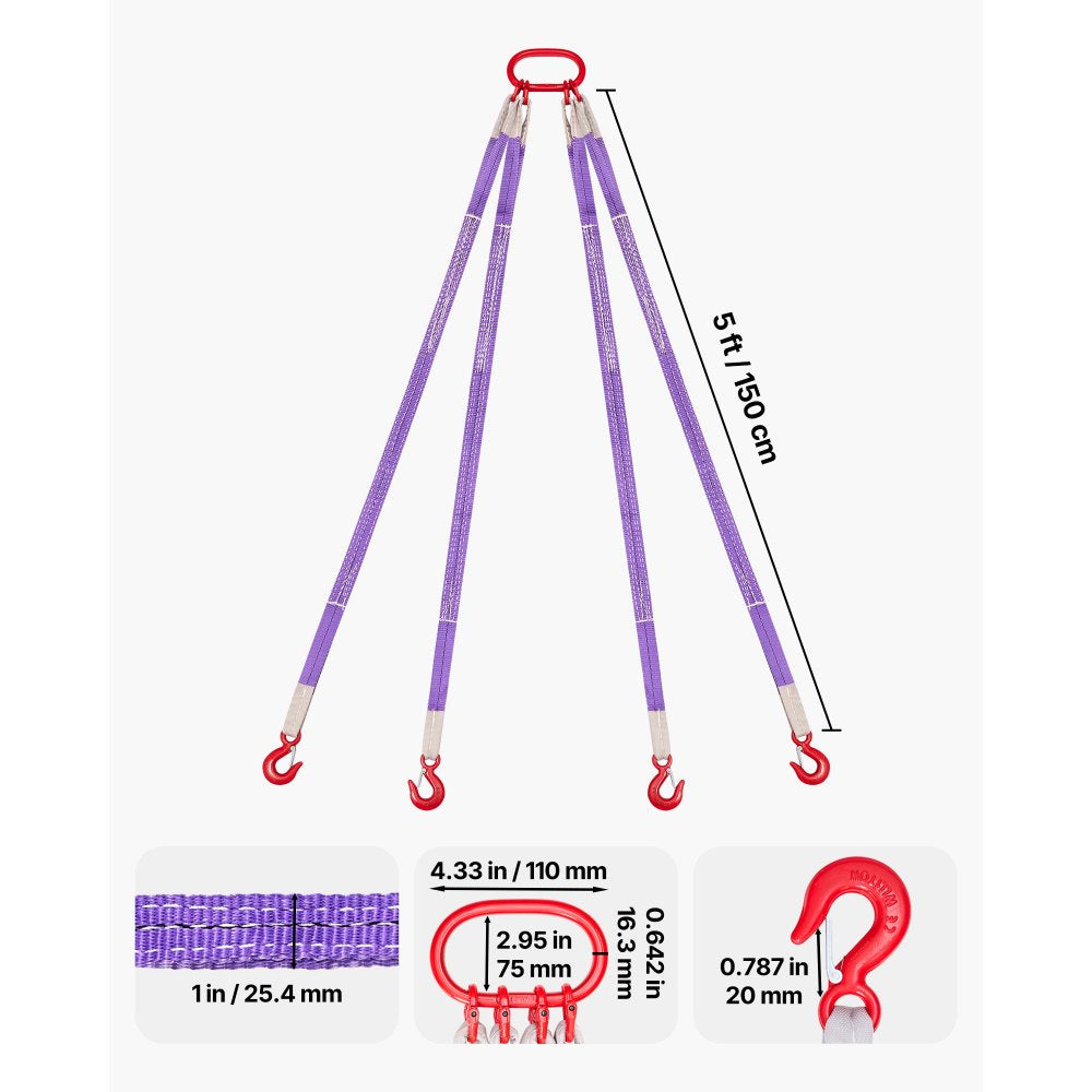 VEVOR Lifting Sling Straps, Four Leg Polyester Bridle Sling with Hooks, 6600LB Capacity, 5Ft Heavy Duty Rigging Strap, Thickened & Wear-Resistant Webbing Slings for Engines Cranes Hoists Truck