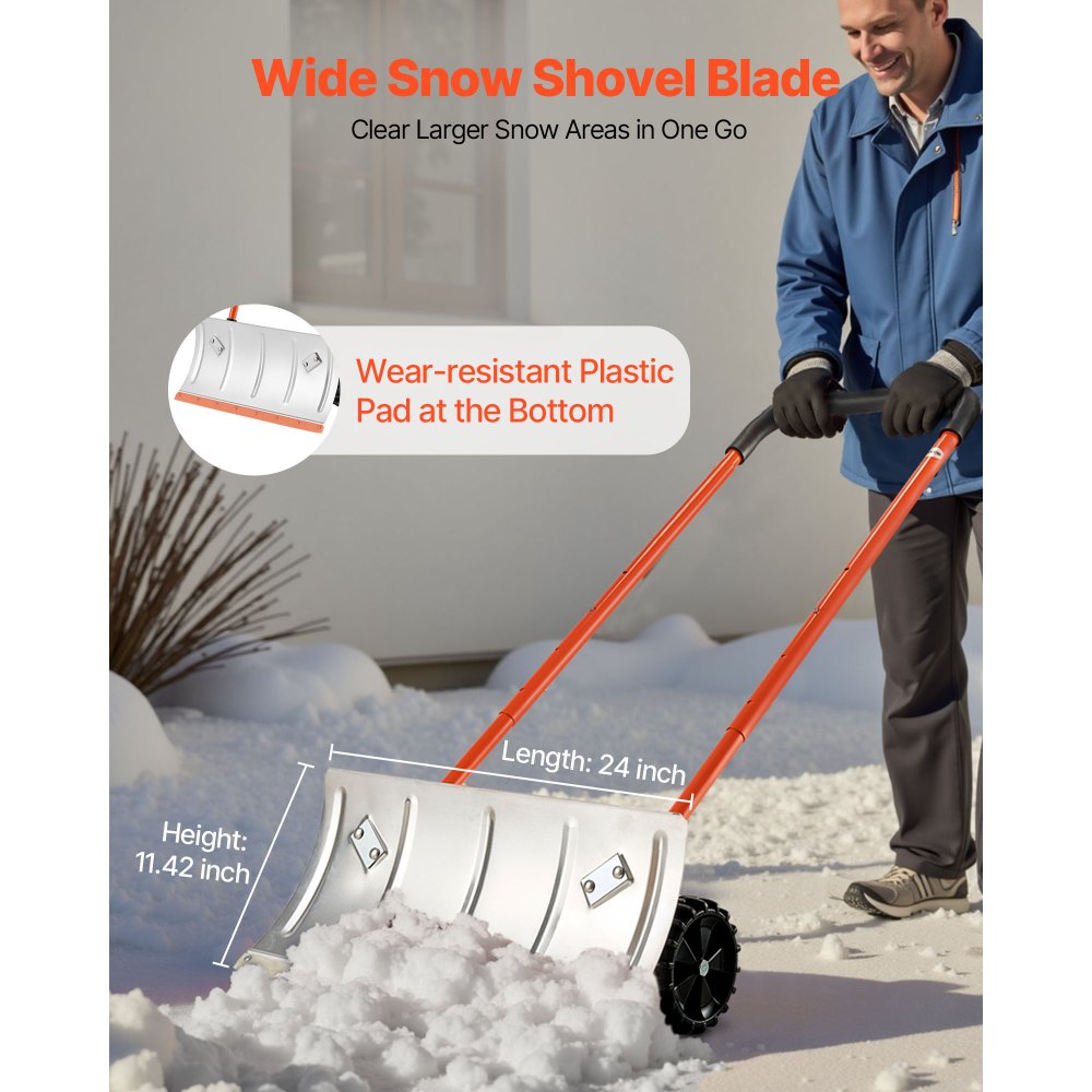 VEVOR Snow Pusher Shovel with Wheels, 24 in Wheeled Snowplow Shovel with Bi-Directional Angled Blade & 90 Degree Adjustable Handle, Metal Winter Shovels, Portable Snow Removal Tool for Driveway Garden