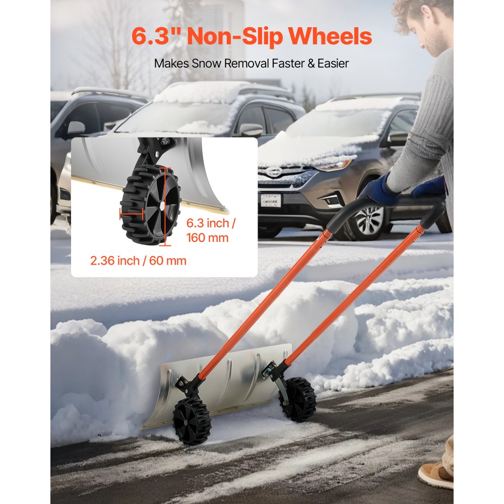 VEVOR Snow Pusher Shovel with Wheels, 24 in Wheeled Snowplow Shovel with Bi-Directional Angled Blade & 90 Degree Adjustable Handle, Metal Winter Shovels, Portable Snow Removal Tool for Driveway Garden