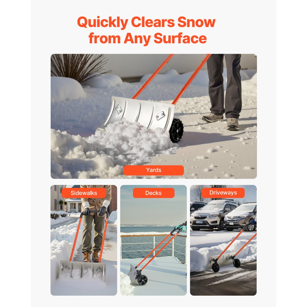 VEVOR Snow Pusher Shovel with Wheels, 24 in Wheeled Snowplow Shovel with Bi-Directional Angled Blade & 90 Degree Adjustable Handle, Metal Winter Shovels, Portable Snow Removal Tool for Driveway Garden