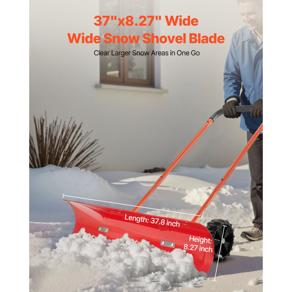 VEVOR Snow Pusher Shovel with Wheels, 37.8 in Wheeled Snowplow Shovel with Bi-Directional Angled Blade & 90° Adjustable Handle, Durable Plastic Winter Shovels, Portable Snow Removal Tool for Driveway
