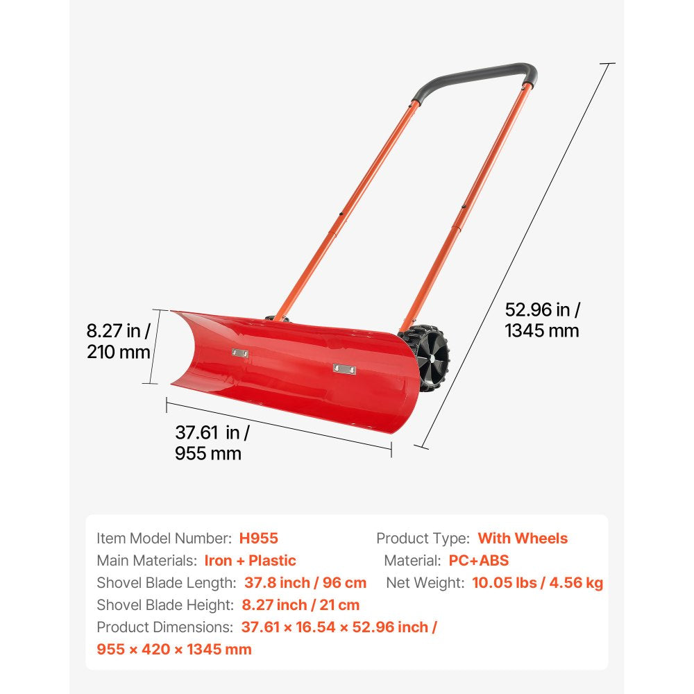 VEVOR Snow Pusher Shovel with Wheels, 37.8 in Wheeled Snowplow Shovel with Bi-Directional Angled Blade & 90° Adjustable Handle, Durable Plastic Winter Shovels, Portable Snow Removal Tool for Driveway