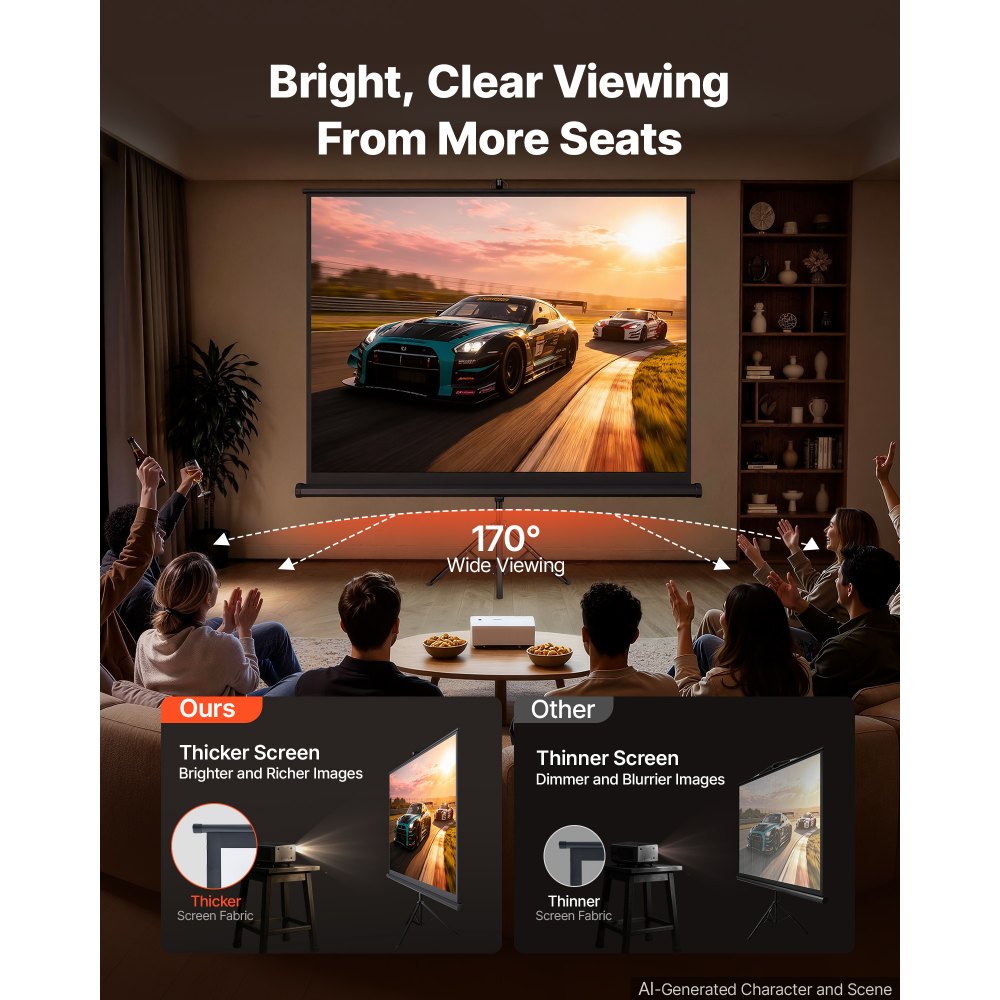 VEVOR Projector Screen with Stand, 100 Inch 4:3 4K 1080P HD Movie Screen, 170° Wide Viewing, Wrinkle-Free Projection Screen with Stable Tripod & Portable Bag for Home Theater, Immersive Movie Nights