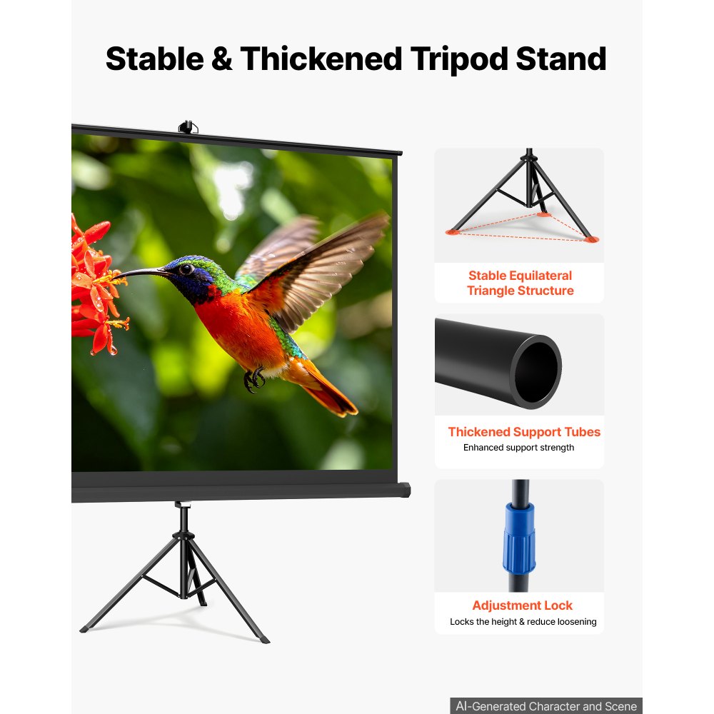 VEVOR Projector Screen with Stand, 100 Inch 4:3 4K 1080P HD Movie Screen, 170° Wide Viewing, Wrinkle-Free Projection Screen with Stable Tripod & Portable Bag for Home Theater, Immersive Movie Nights