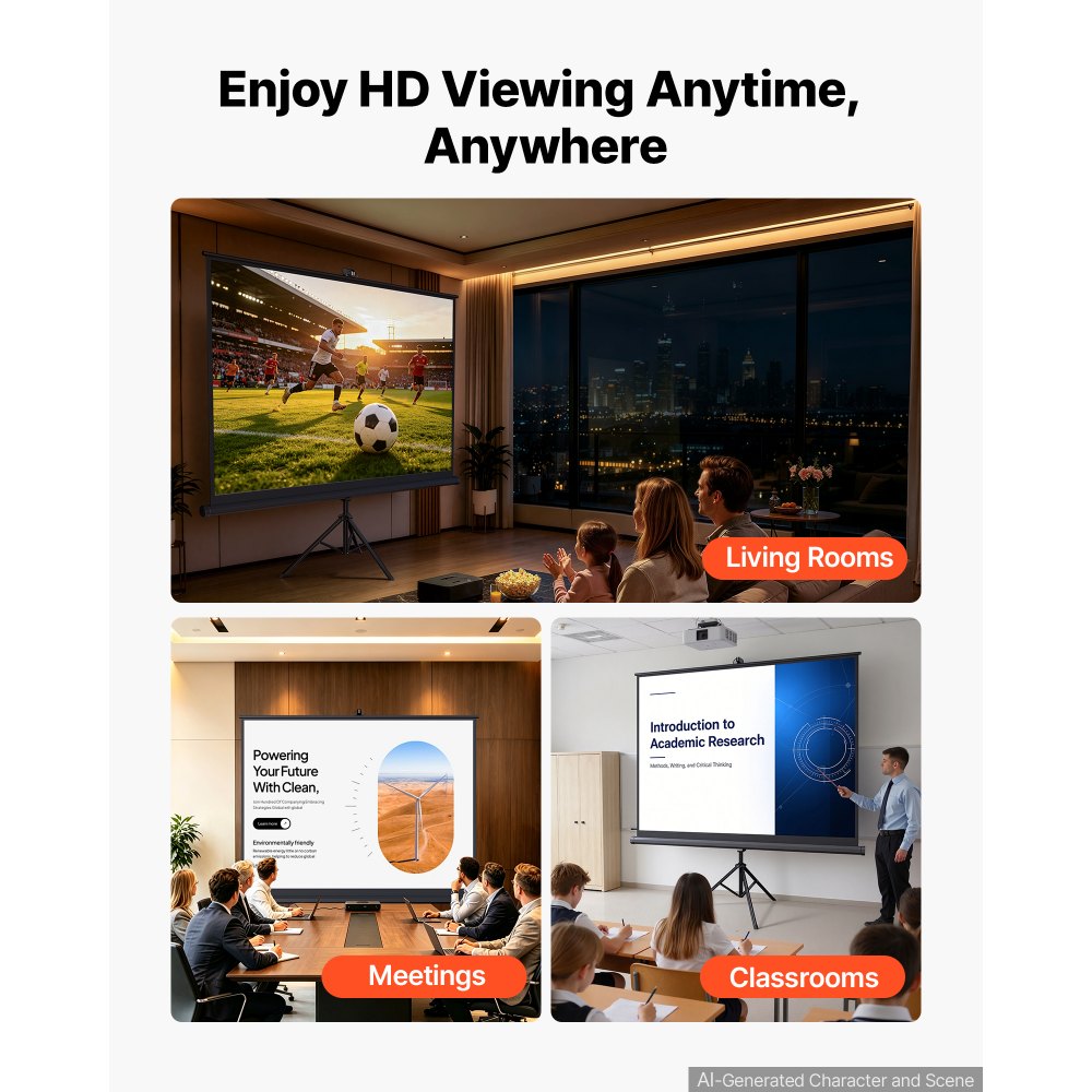 VEVOR Projector Screen with Stand, 100 Inch 4:3 4K 1080P HD Movie Screen, 170° Wide Viewing, Wrinkle-Free Projection Screen with Stable Tripod & Portable Bag for Home Theater, Immersive Movie Nights