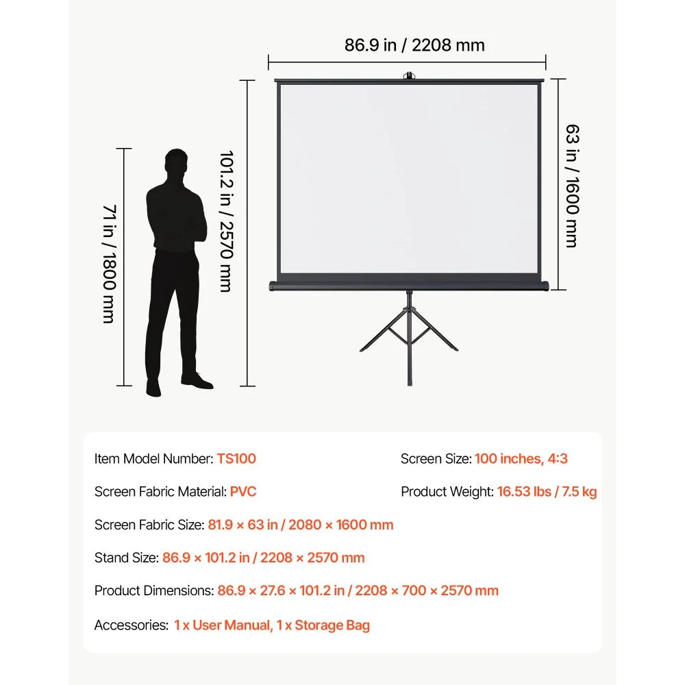 VEVOR Projector Screen with Stand, 100 Inch 4:3 4K 1080P HD Movie Screen, 170° Wide Viewing, Wrinkle-Free Projection Screen with Stable Tripod & Portable Bag for Home Theater, Immersive Movie Nights