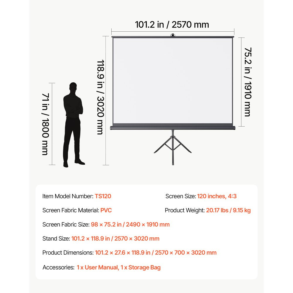 VEVOR Projector Screen with Stand, 120 Inch 4:3 4K 1080P HD Movie Screen, 170° Wide Viewing, Wrinkle-Free Projection Screen with Stable Tripod & Portable Bag for Home Theater, Immersive Movie Nights
