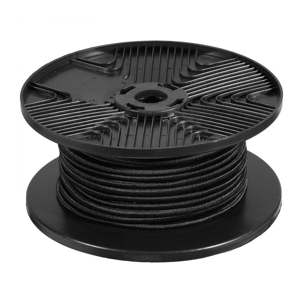 VEVOR 3/8 inch Bungee Cord, 120 ft/36 m Spool Heavy Duty Bungee Straps, 100% Stretch Elastic Bungee Rope for Cargo, Tarps, Camping, Kayak Deck and Crafting, Black