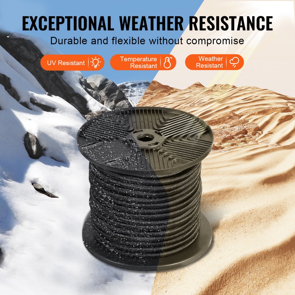 VEVOR 1/4 inch Bungee Cord, 120 ft/36 m Spool Heavy Duty Bungee Straps, 100% Stretch Elastic Bungee Rope for Cargo, Tarps, Camping, Kayak Deck and Crafting, Black