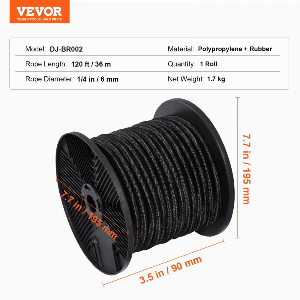 VEVOR 1/4 inch Bungee Cord, 120 ft/36 m Spool Heavy Duty Bungee Straps, 100% Stretch Elastic Bungee Rope for Cargo, Tarps, Camping, Kayak Deck and Crafting, Black