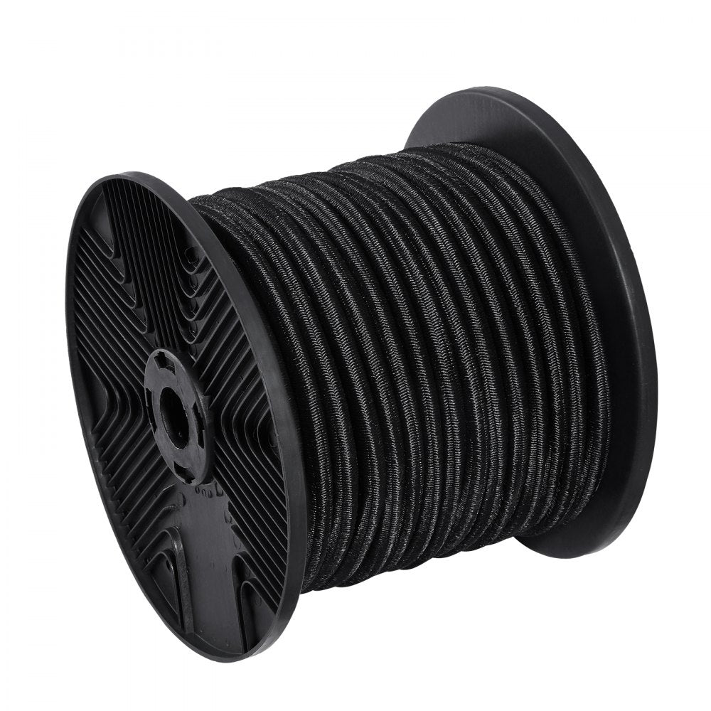 VEVOR 1/4 inch Bungee Cord, 120 ft/36 m Spool Heavy Duty Bungee Straps, 100% Stretch Elastic Bungee Rope for Cargo, Tarps, Camping, Kayak Deck and Crafting, Black