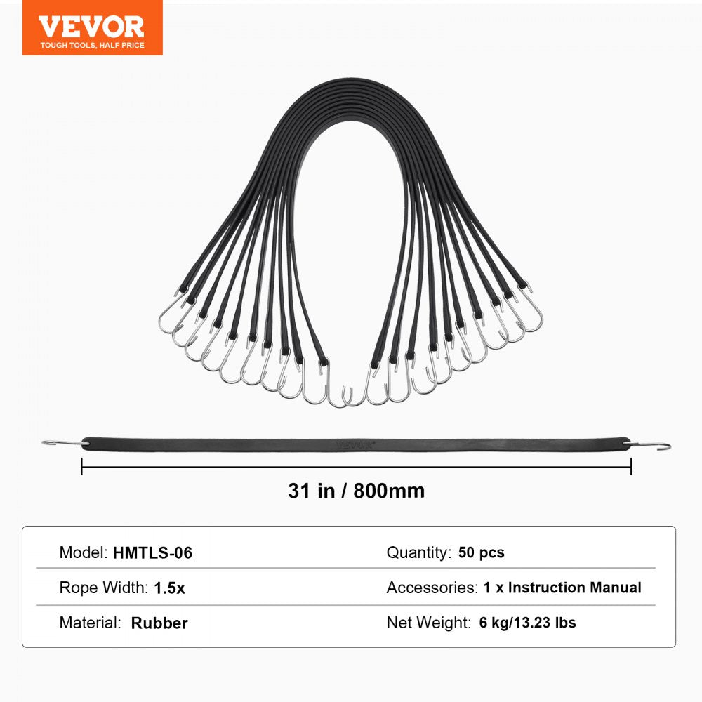 VEVOR 50 Piece Flat Bungee Cord, 19.8 mm Heavy Duty Bungee Straps with Steel S-Hooks, 31" Elastic Bungee Rope for Cargo, Tarps, Trucks and Tent, Black