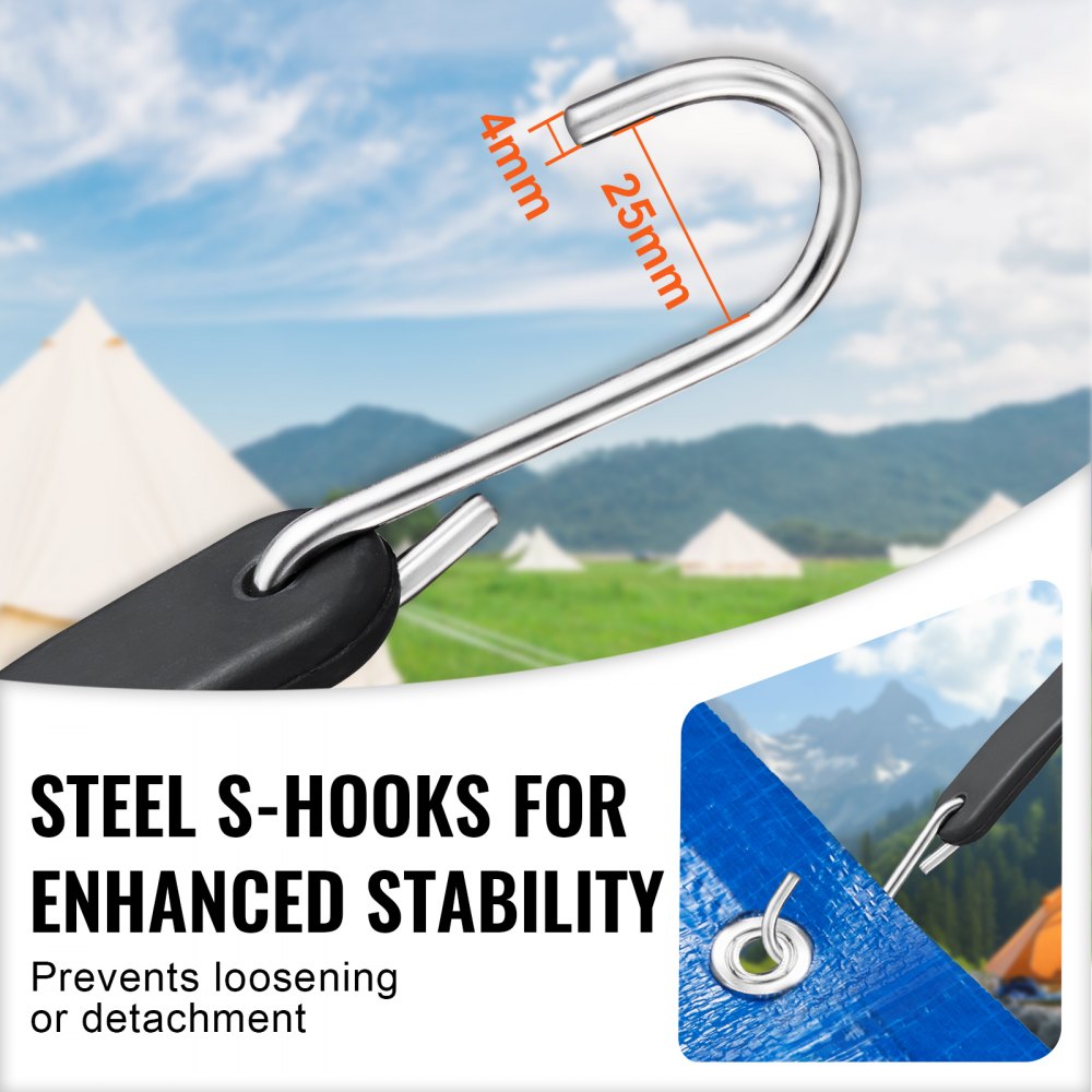 VEVOR 20 Piece Flat Bungee Cord, 20 mm Heavy Duty Bungee Straps with Steel S-Hooks, Includes 15", 21", 36", Elastic Bungee Rope for Cargo, Tarps, Trucks and Tent, Black