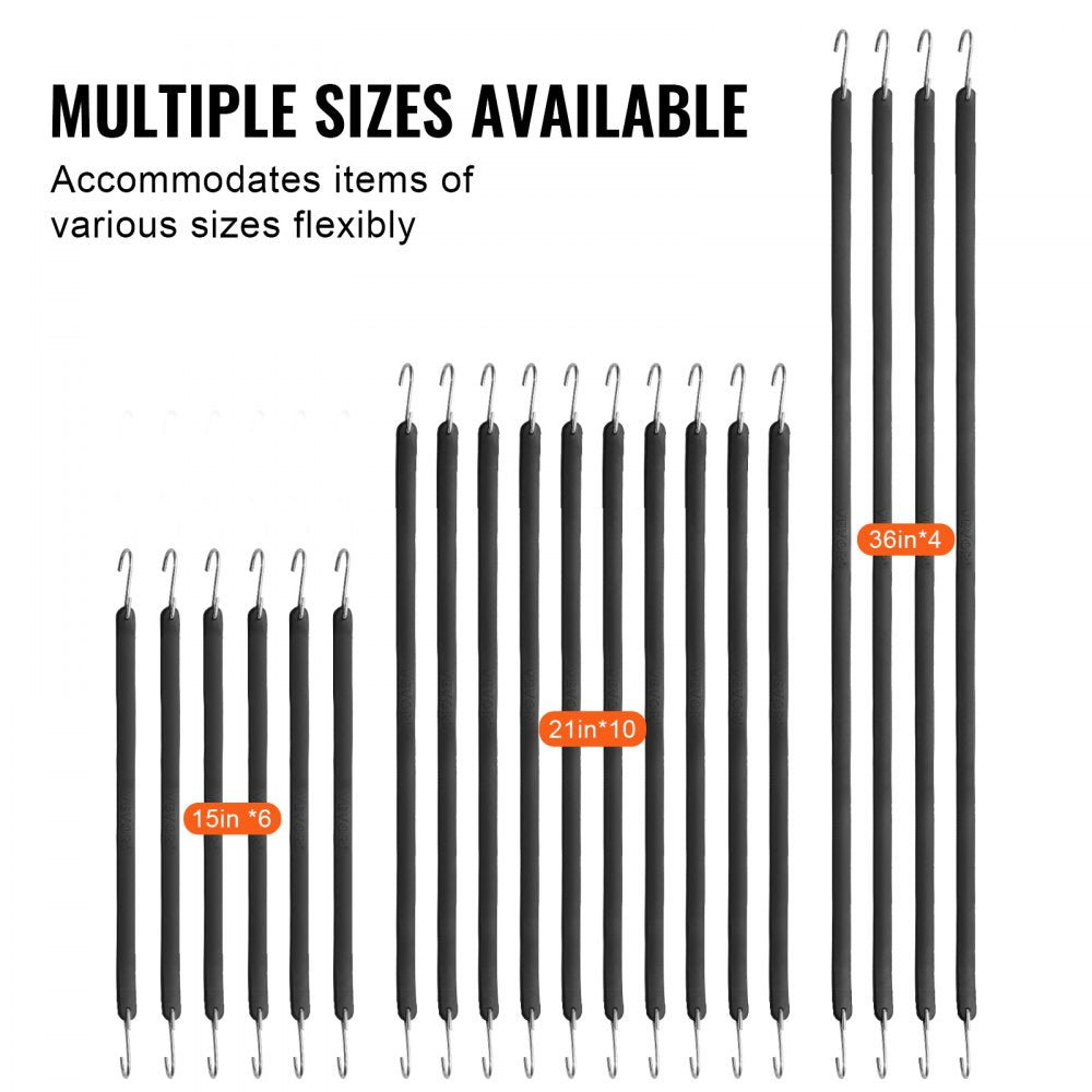 VEVOR 20 Piece Flat Bungee Cord, 20 mm Heavy Duty Bungee Straps with Steel S-Hooks, Includes 15", 21", 36", Elastic Bungee Rope for Cargo, Tarps, Trucks and Tent, Black