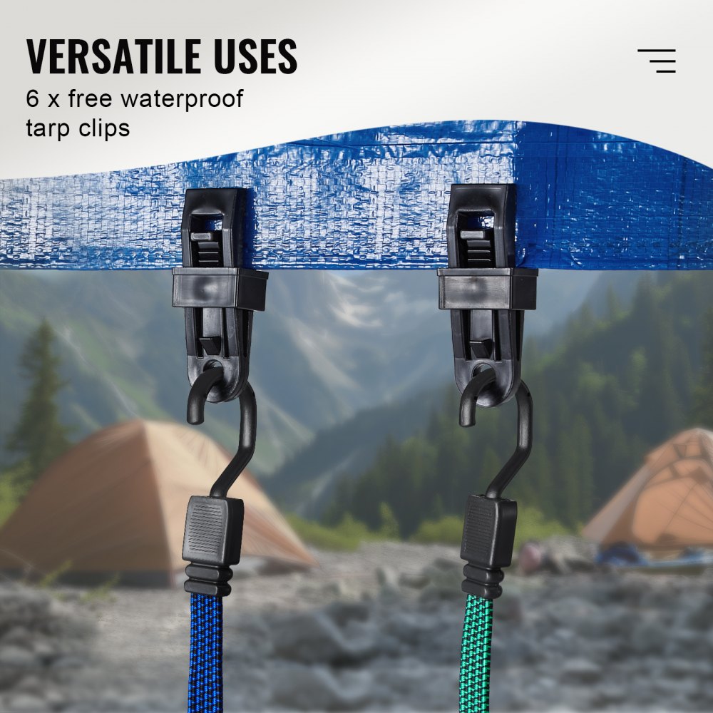 VEVOR 32 Piece Flat Bungee Cord Set, 17 mm Heavy Duty Bungee Straps with A3 Steel J-Hooks, Includes 10", 18", 24", 32", 40", Bungee Rope with Portable Storage Bag, 6 Clips & Canopy Ties