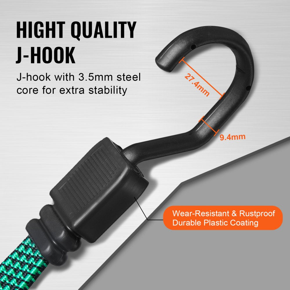 VEVOR 32 Piece Flat Bungee Cord Set, 17 mm Heavy Duty Bungee Straps with A3 Steel J-Hooks, Includes 10", 18", 24", 32", 40", Bungee Rope with Portable Storage Bag, 6 Clips & Canopy Ties