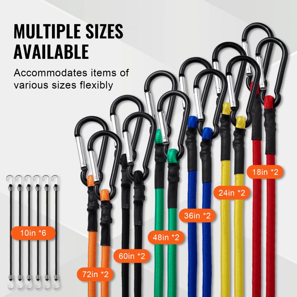 VEVOR 30 Piece Bungee Cords Assortment, 8 mm Heavy Duty Bungee Straps with A3 Steel Carabiners, Includes 10", 18", 24", 36", 48", 60", 72", Portable Storage Bag, 6 Clips & Canopy Ties