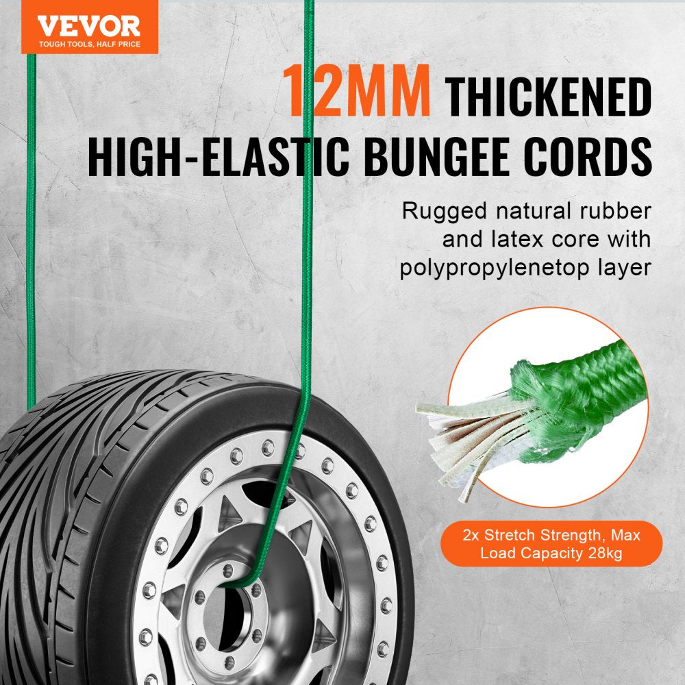 VEVOR 32 Piece Bungee Cords Assortment, 8 mm Heavy Duty Bungee Straps with A3 Steel Hooks, Including 10", 24", 32", 40", 48", Bungee Ropes Set with Portable Storage Bag, 4 Clips & Canopy Ties