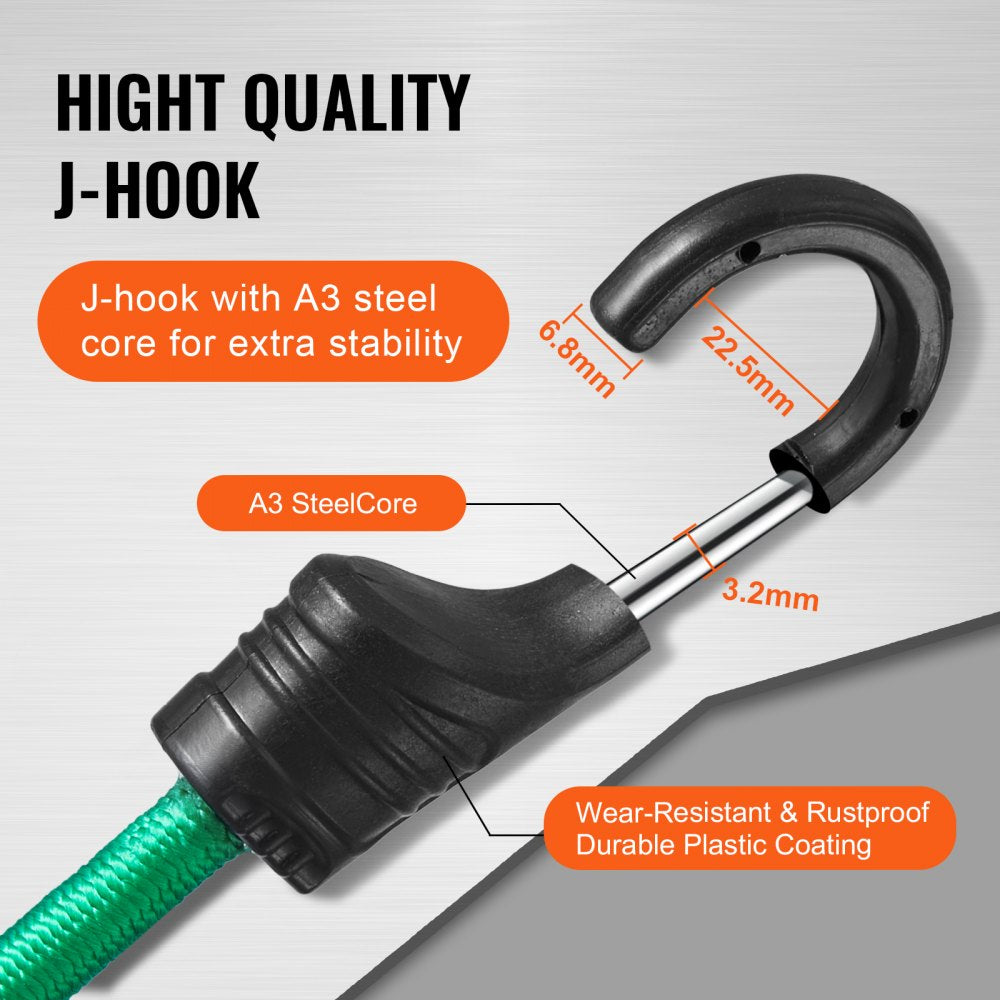 VEVOR 32 Piece Bungee Cords Assortment, 8 mm Heavy Duty Bungee Straps with A3 Steel Hooks, Including 10", 24", 32", 40", 48", Bungee Ropes Set with Portable Storage Bag, 4 Clips & Canopy Ties