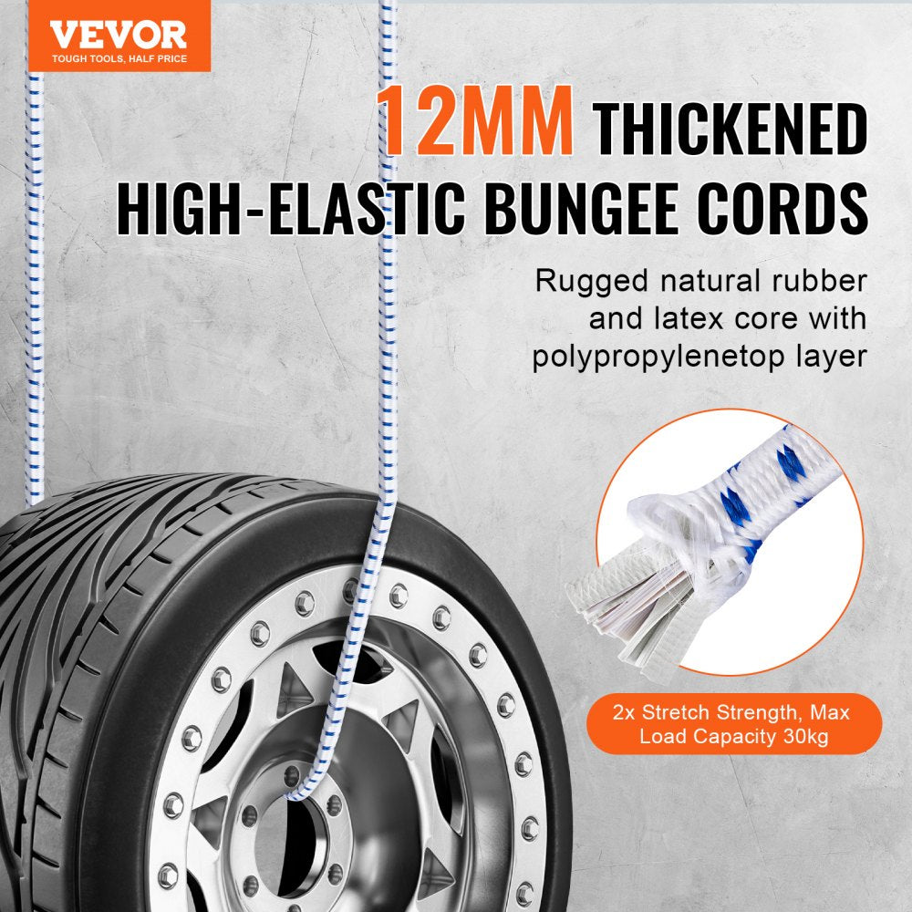 VEVOR 6 Piece Bungee Cords with A3 Steel Hooks, 72 Inch Heavy Duty Bungee Straps, 12 mm Elastic Bungee Ropes Set for Camping, Tarps, Motorcycle, Truck and Tent, White with Blue Stripes