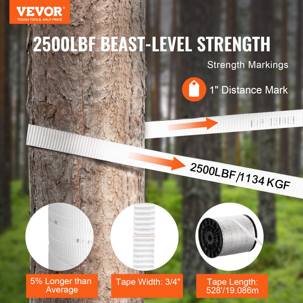 VEVOR Polyester Pull Tape, 3/4" x 528' Mule Tape Flat Rope, 2500 lbf Tensile Capacity, Printed Webbing Cable Pulling Tape for Packaging, Gardening, Commercial Electrical, Conduit Work, White
