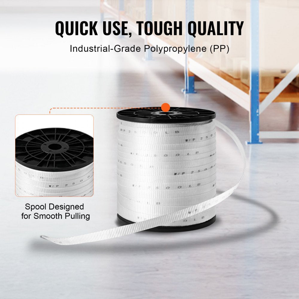 VEVOR Polyester Pull Tape, 3/4" x 528' Mule Tape Flat Rope, 2500 lbf Tensile Capacity, Printed Webbing Cable Pulling Tape for Packaging, Gardening, Commercial Electrical, Conduit Work, White