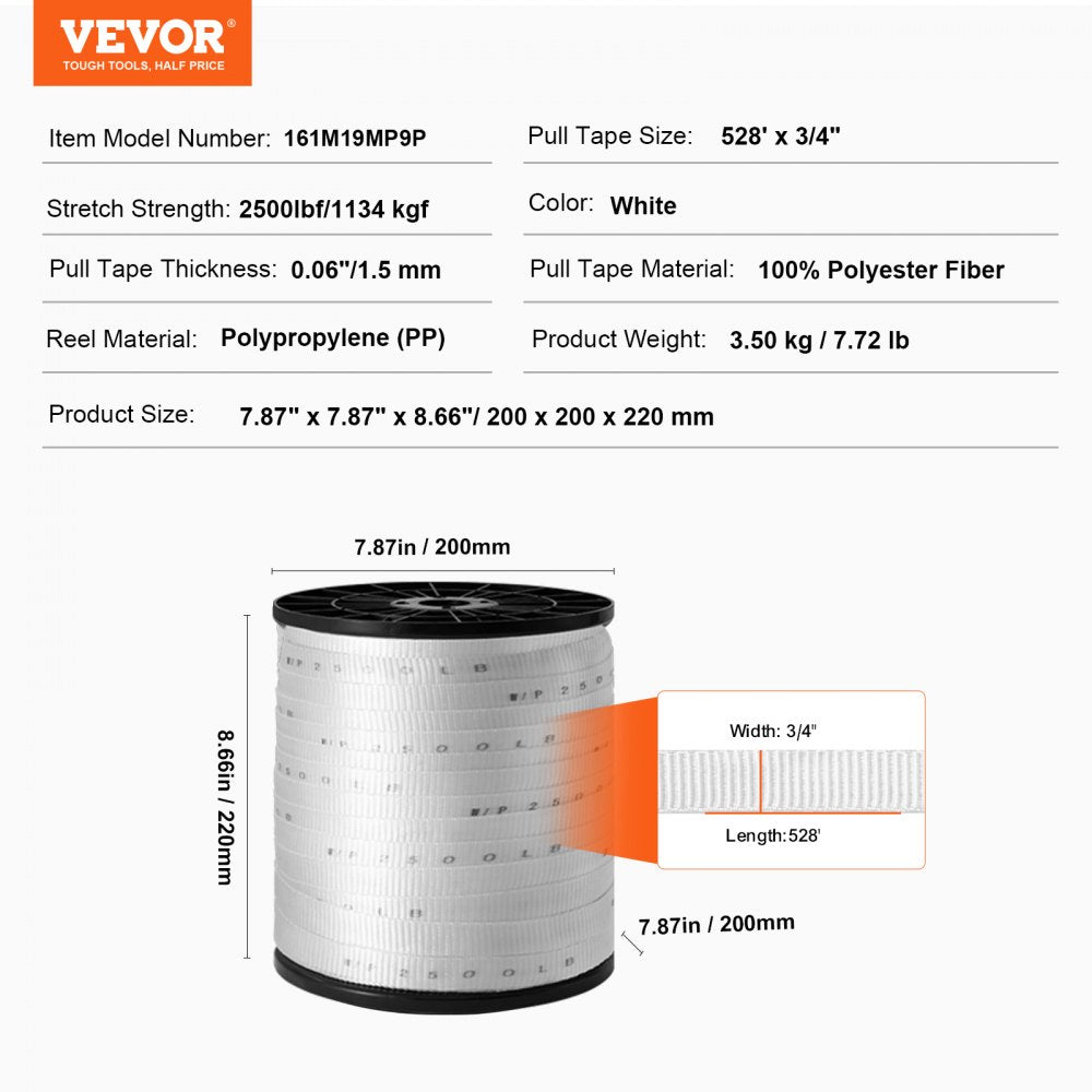 VEVOR Polyester Pull Tape, 3/4" x 528' Mule Tape Flat Rope, 2500 lbf Tensile Capacity, Printed Webbing Cable Pulling Tape for Packaging, Gardening, Commercial Electrical, Conduit Work, White