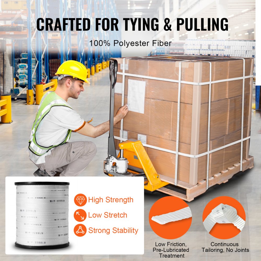 VEVOR Polyester Pull Tape, 5/8" x 630' Mule Tape Flat Rope, 2200 lbf Tensile Capacity, Printed Webbing Cable Pulling Tape for Packaging, Gardening, Commercial Electrical, Conduit Work, Whit