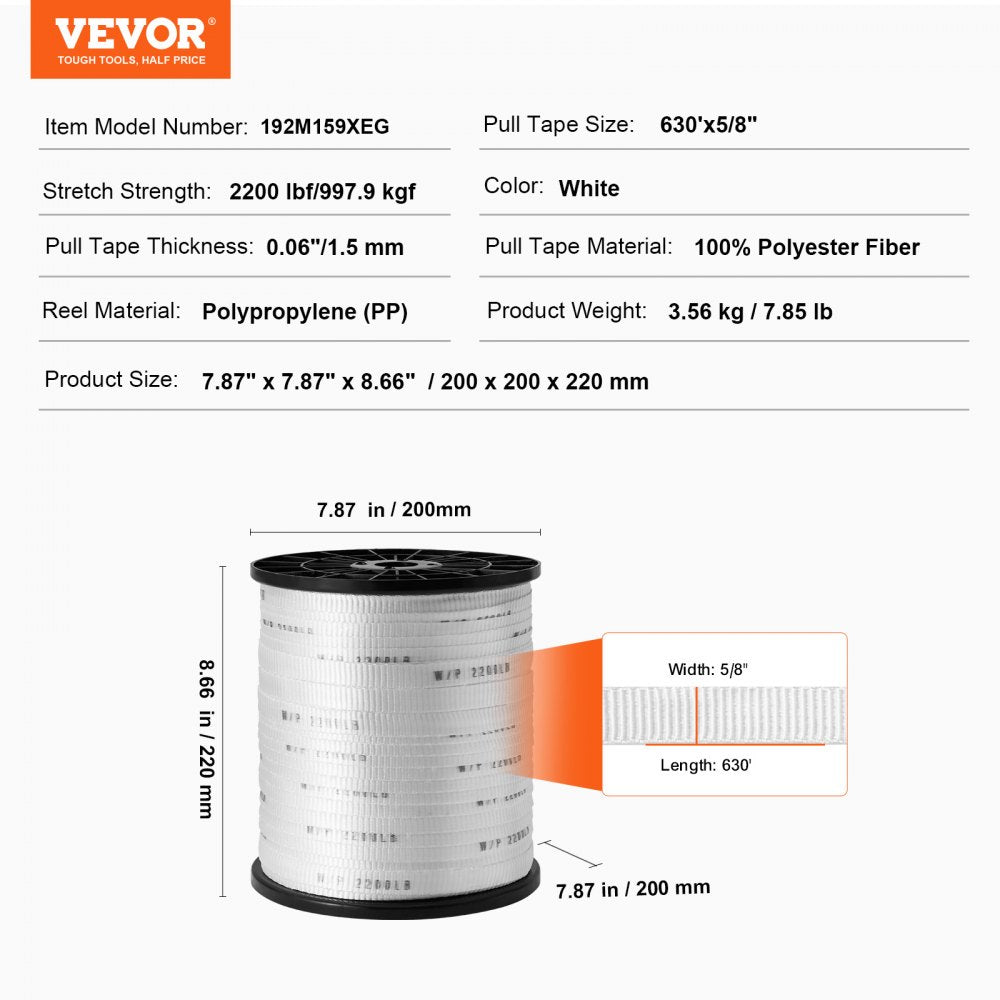 VEVOR Polyester Pull Tape, 5/8" x 630' Mule Tape Flat Rope, 2200 lbf Tensile Capacity, Printed Webbing Cable Pulling Tape for Packaging, Gardening, Commercial Electrical, Conduit Work, Whit