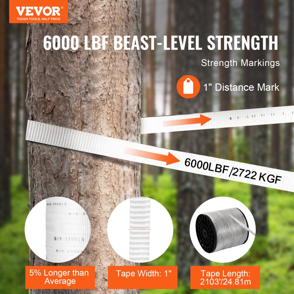 VEVOR Polyester Pull Tape, 1" x 2103' Mule Tape Flat Rope, 6000 lbf Tensile Capacity, Printed Webbing Cable Pulling Tape for Packaging, Gardening, Commercial Electrical, Conduit Work, White