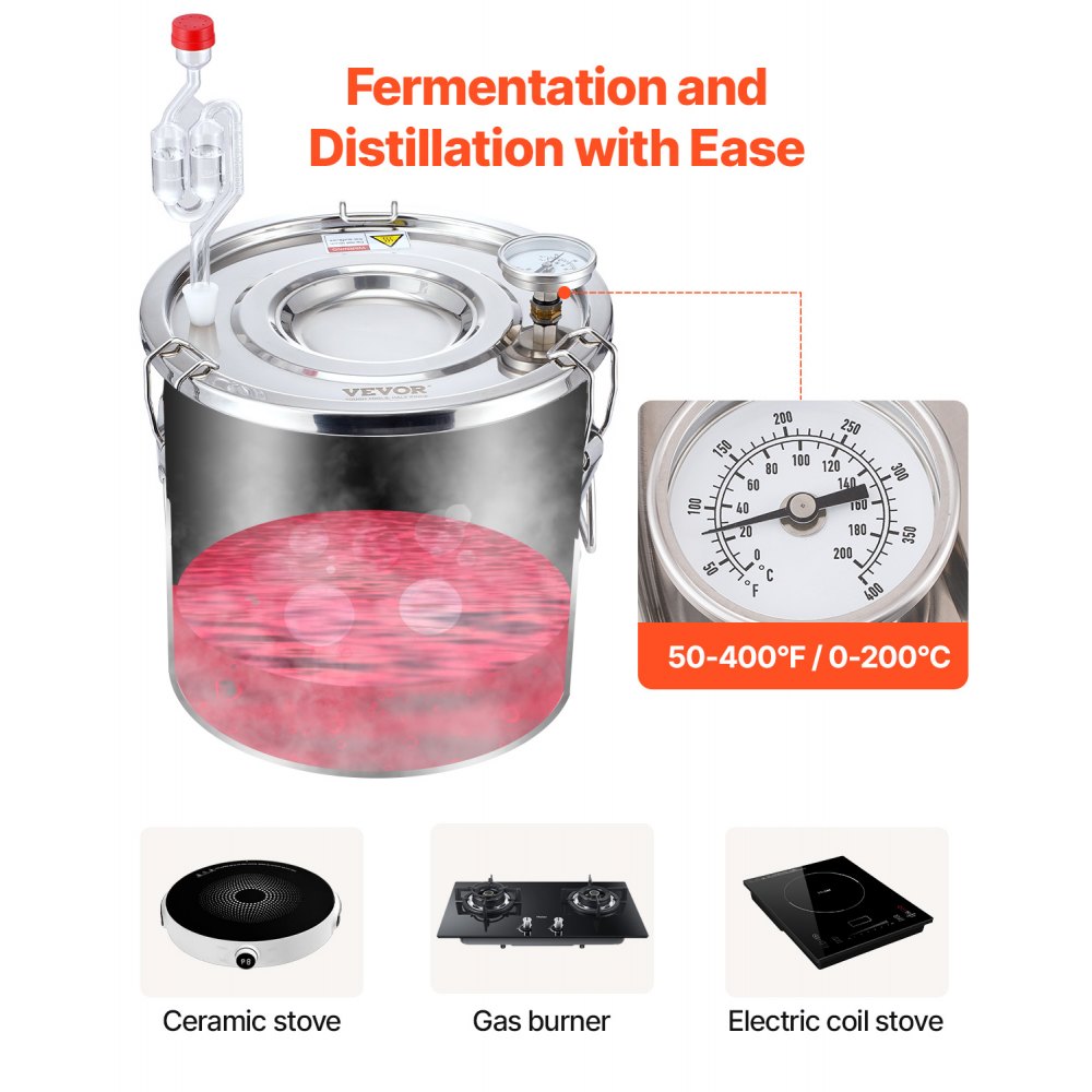VEVOR Alcohol Still, 3 Gal / 11.4 L Stainless Steel Water Alcohol Distiller with Copper Coil, Home Brewing Refining Fermentation Kit with Thermometer, for Wine Whisky Brandy, Silver